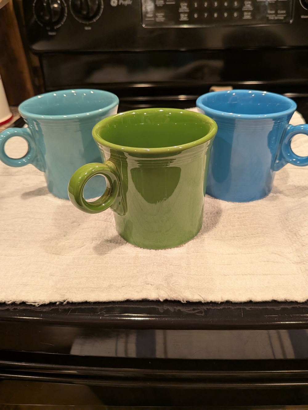 Fiesta Glazed Ceramic Mugs in Green and Two Blues, Set Of 3